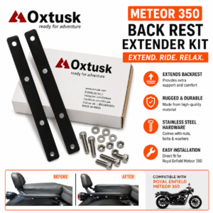 Oxtusk RE Meteor 350 Back Rest Extender Kit with stainless steel nuts and bolts, showing before and after installation on Royal Enfield Meteor 350 motorcycle.